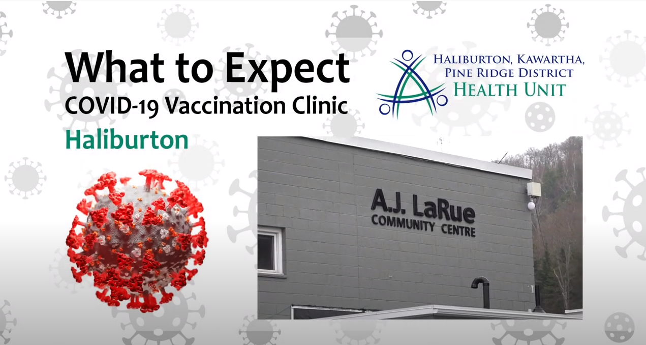 Words: "What to Expect COVID-19 Vaccination Clinic Haliburton" with an image of the A.J. LaRue Community Centre